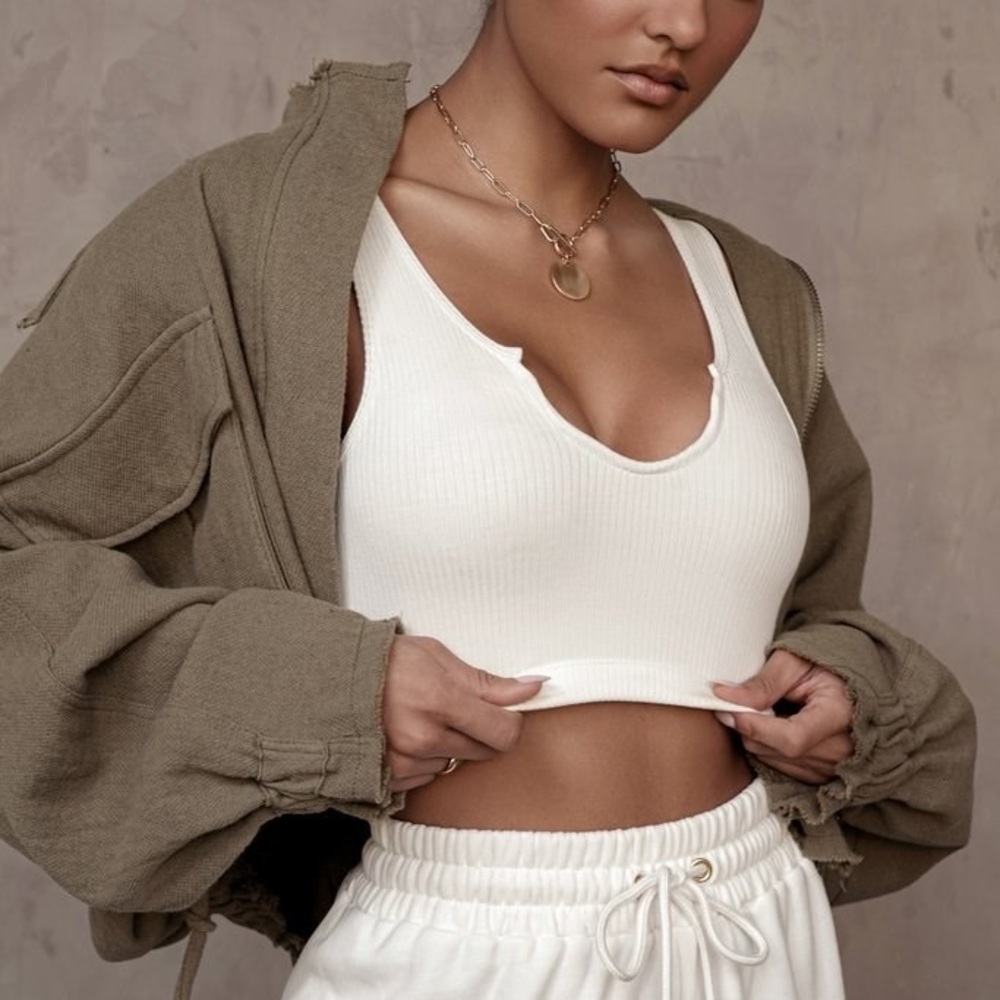 JLUX IVORY SPLIT RIBBED CROP TOP -Medium